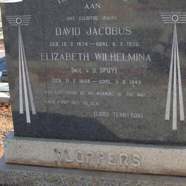 KLOPPERS David Jacobus 1874-1950 &amp; Elizabeth Wilhelmina V.D. SPUY 1868-1949