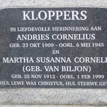 KLOPPERS Andries Cornelius 1909-1945 &amp; Martha Susanna Cornelia VAN BILJON 1912-1999
