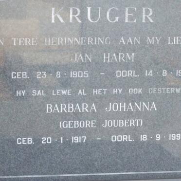 KRUGER Jan Harm 1905-1971 &amp; Barbara Johanna JOUBERT 1917-1991