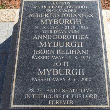 MYBURGH Albertus Johannes 1881-1950 &amp; Anne Dorothea RELIHAN -1971 :: MYBURGH Jo D. -2002