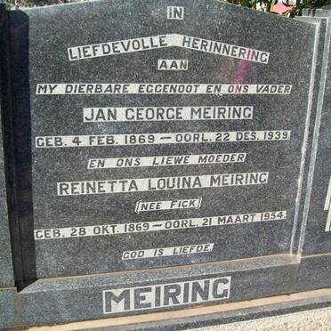 MEIRING Jan George 1869-1939 &amp; Reinetta Louina FICK 1869-1954
