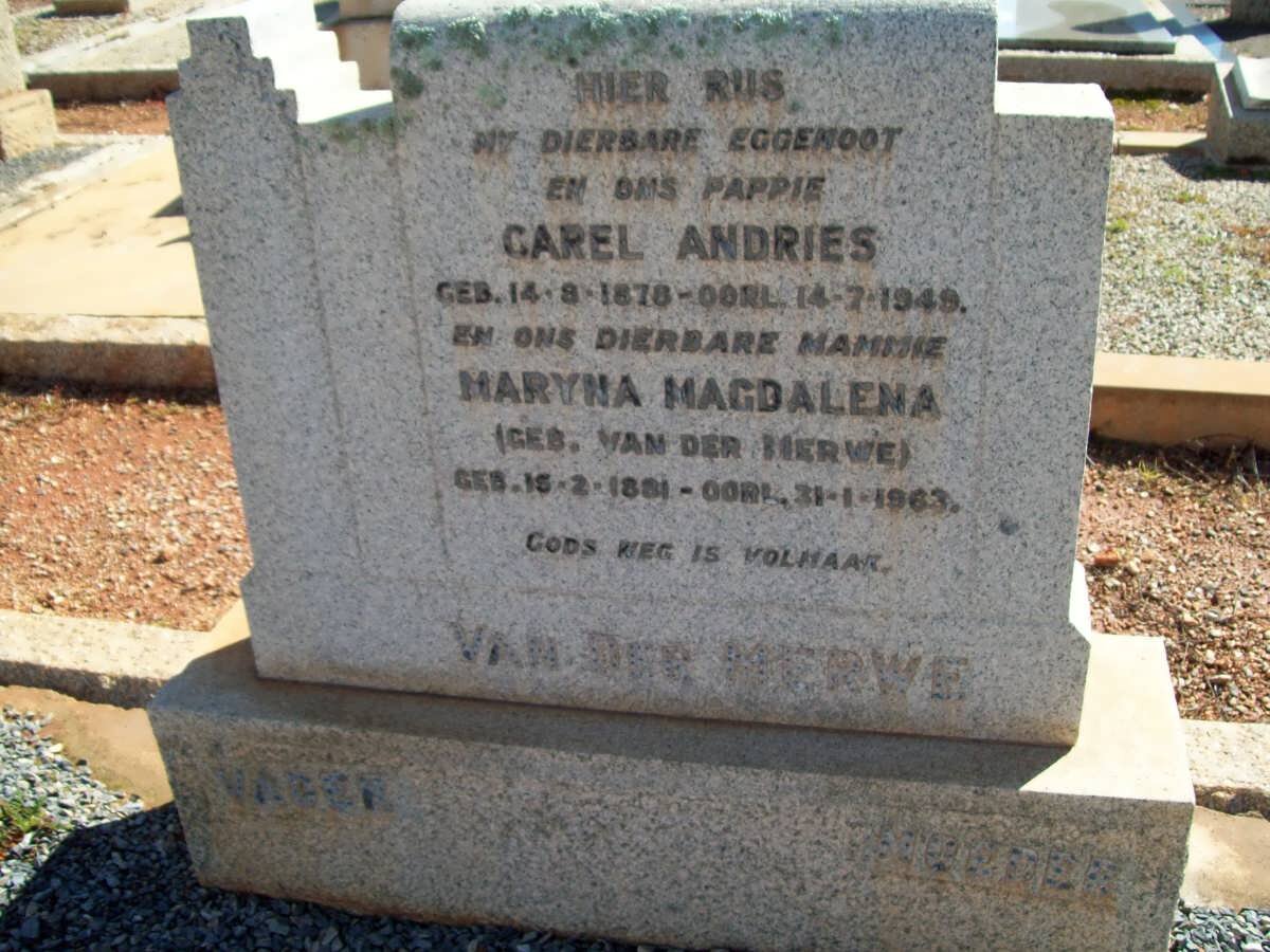 MERWE Carel Andries, van der 1878-1949 &amp; Maryan Magdalena VAN DER MERWE 1881-1963