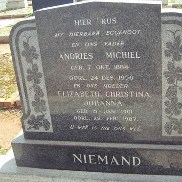 NIEMAND Andries Michiel 1884-1956 &amp; Elizabeth Christina Johanna 1901-1987
