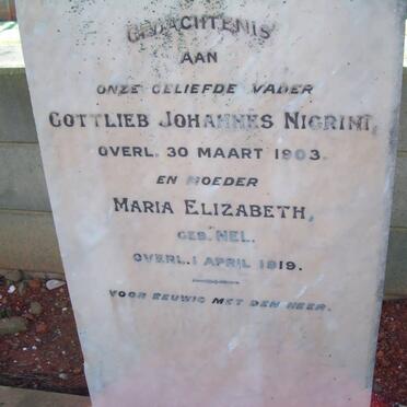 NIGRINI Gottlieb Johannes -1903 &amp; Maria Elizabeth NEL -1919