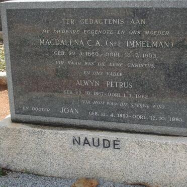 NAUDE Alwyn Petrus 1867-1962 &amp; Magdalena C.A. IMMELMAN 1860-1953