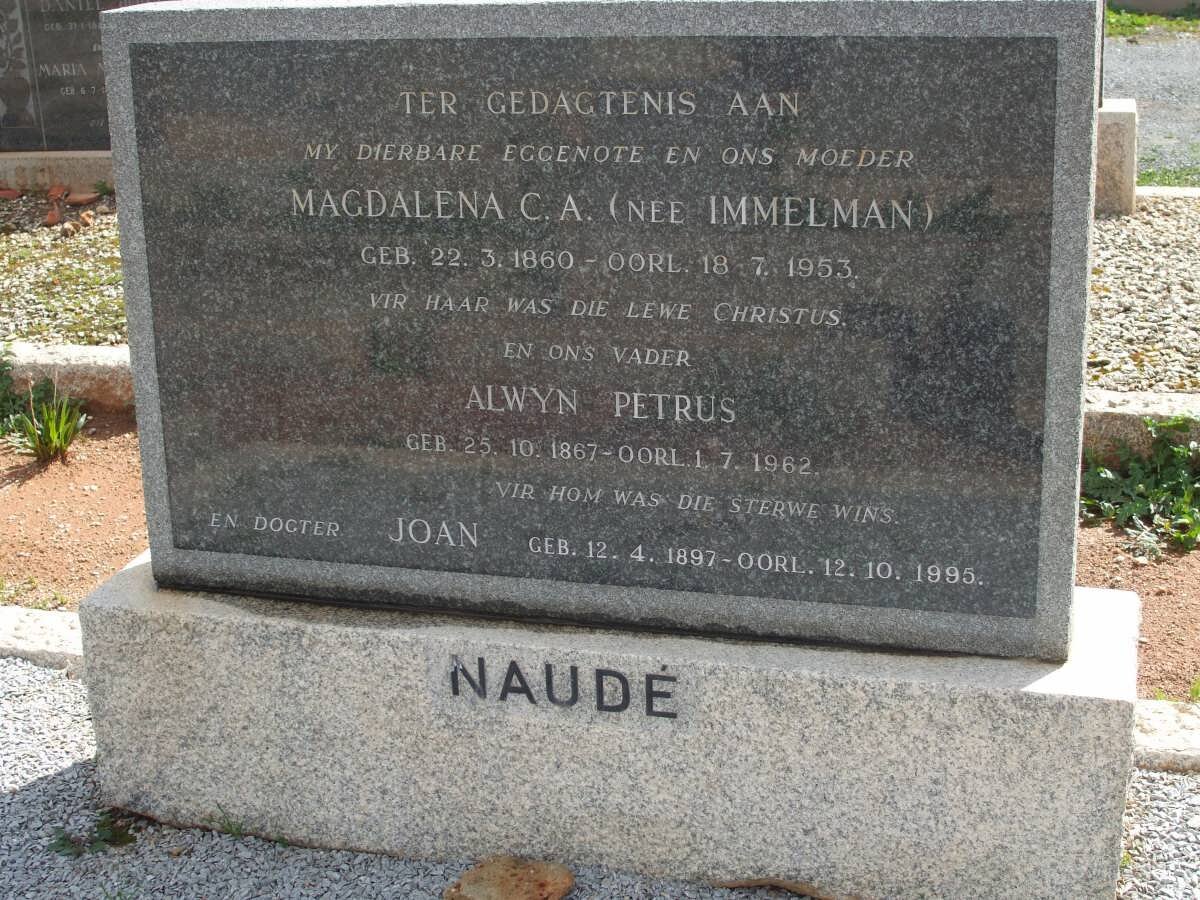 NAUDE Alwyn Petrus 1867-1962 &amp; Magdalena C.A. IMMELMAN 1860-1953