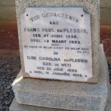 PLESSIS Frans Paul, du 1850-1923 &amp; Elsie Carolina DE WET 1854-1938