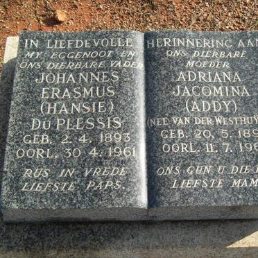PLESSIS Johannes Erasmus, du 1893-1961 &amp; Adriana Jacomina VAN DER WESTHUYZEN 1894-1963