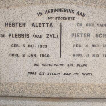 PLESSIS Pieter Schalk, du 1879-1971 &amp; Hester Aletta VAN ZYL 1879-1946