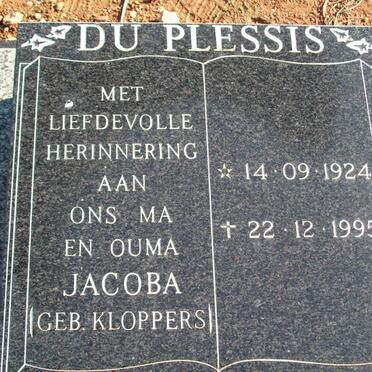 PLESSIS Jacoba, du nee KLOPPERS 1924-1995