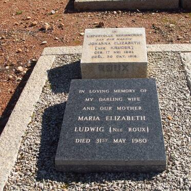 ROUX Johanna Elizabeth nee KRUGER 1883-1918 :: LUDWIG Maria Elizabeth nee ROUX -1980