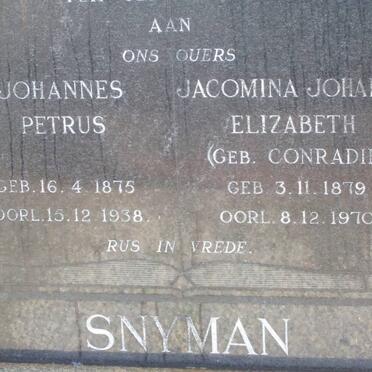 SNYMAN Johannes Petus 1875-1938 &amp; Jacomina Johanna CONRADIE 1879-1970