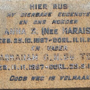 TOIT Abraham G.N., du 1867-1959 &amp; Anna S. ARAIS 1867-1951