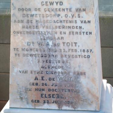 TOIT W.A., du 1857- &amp;  A.E. DE WET 1857- :: DU TOIT Elsebe 1891-