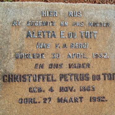 TOIT Christoffel Petrus, du 1863-1952 &amp; Aletta E. V.D. BERG -1942