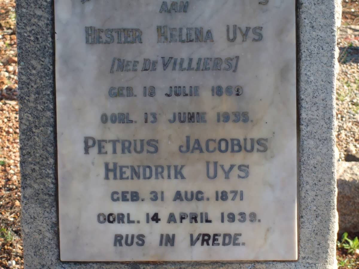 UYS Petrus Jacobus Hendrik 1871-1939 &amp; Hester Helena DE VILLIERS 1869-1935