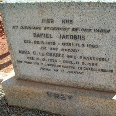 VREY Daniel Jacobus 1872-1960 &amp; Anna G. SWANEPOEL formerly LE GRANGE 1876-1964