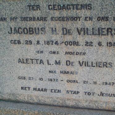 VILLIERS Jacobus H., de 1874-1941 &amp; Aletta L.M. MARAIS 1872-1947