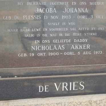 VRIES Nicholaas Akker, de 1900-1973 &amp; Jacoba Johanna DU PLESSIS 1903-1956