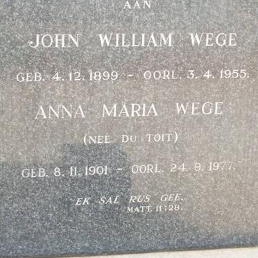 WEGE John William 1899-1955 &amp; Anna Maria DU TOIT 1901-1977