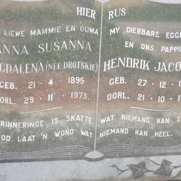 ? Hendrik Jacobus 1884-1955 &amp; Anna Susanna Magdalena DROTSKIE 1895-1973