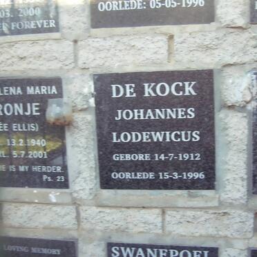 CRONJE Magdalena Maria nee ELLIS 1940-2001 :: DE KOCK Johannes Lodewicus 1912-1996