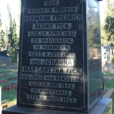 FICK Hermann Friedrich Bernd 1851-1919 &amp; Johanna Margaretha JANSE VAN RENSBURG 1859-1923