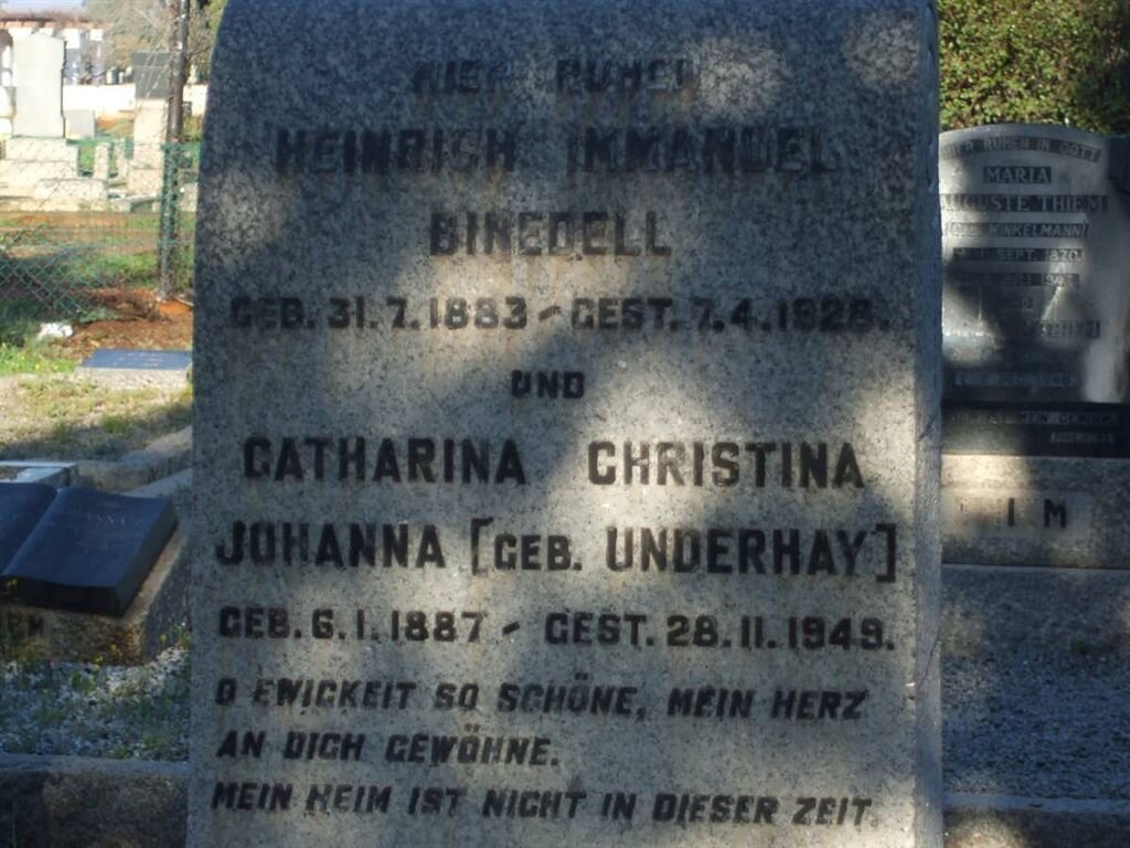BINEDELL Heinrich Immanuel 1883-1928 &amp; Catharina Christina Johanna UNDERHAY 1887-1949