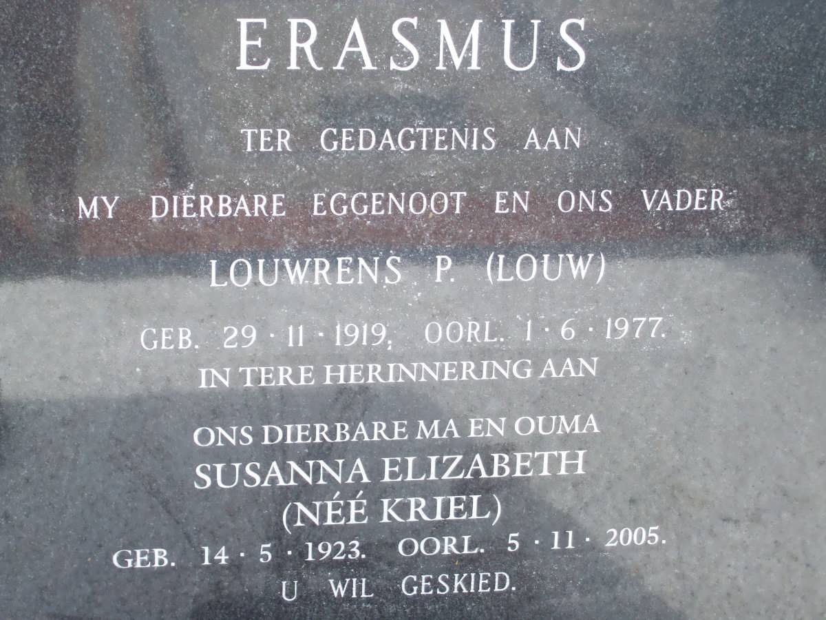 ERASMUS Louwrens P. 1919-1977 &amp; Susanna Elizabeth KRIEL 1923-2005