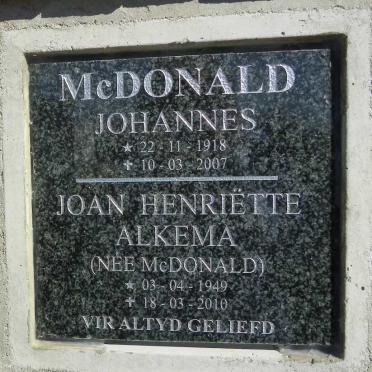 McDONALD Johannes 1918-2007 :: ALKEMA Joan Henriette nee McDONALD 1949-2010