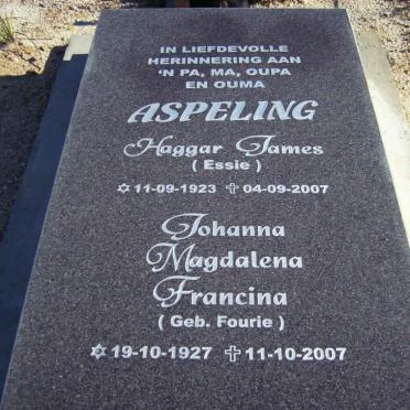 ASPELING Haggar James 1923-2007 &amp; Johanna Magdalena Francina FOURIE 1927-2007