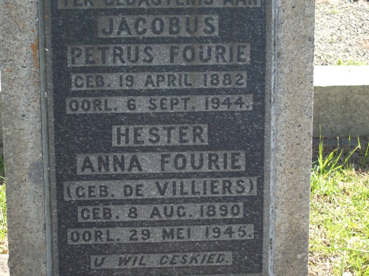 FOURIE Jacobus Petrus 1882-1944 &amp; Hester Anna DE VILLIERS 1890-1945