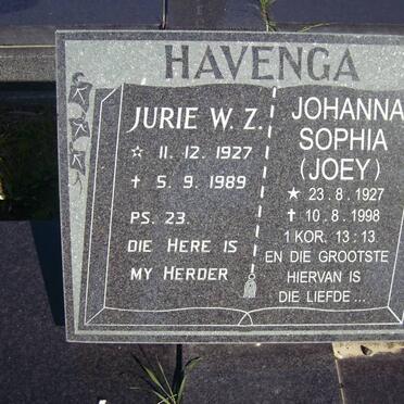 HAVENGA Jurie W.Z. 1927-1989 &amp; Johanna Sophia 1927-1998