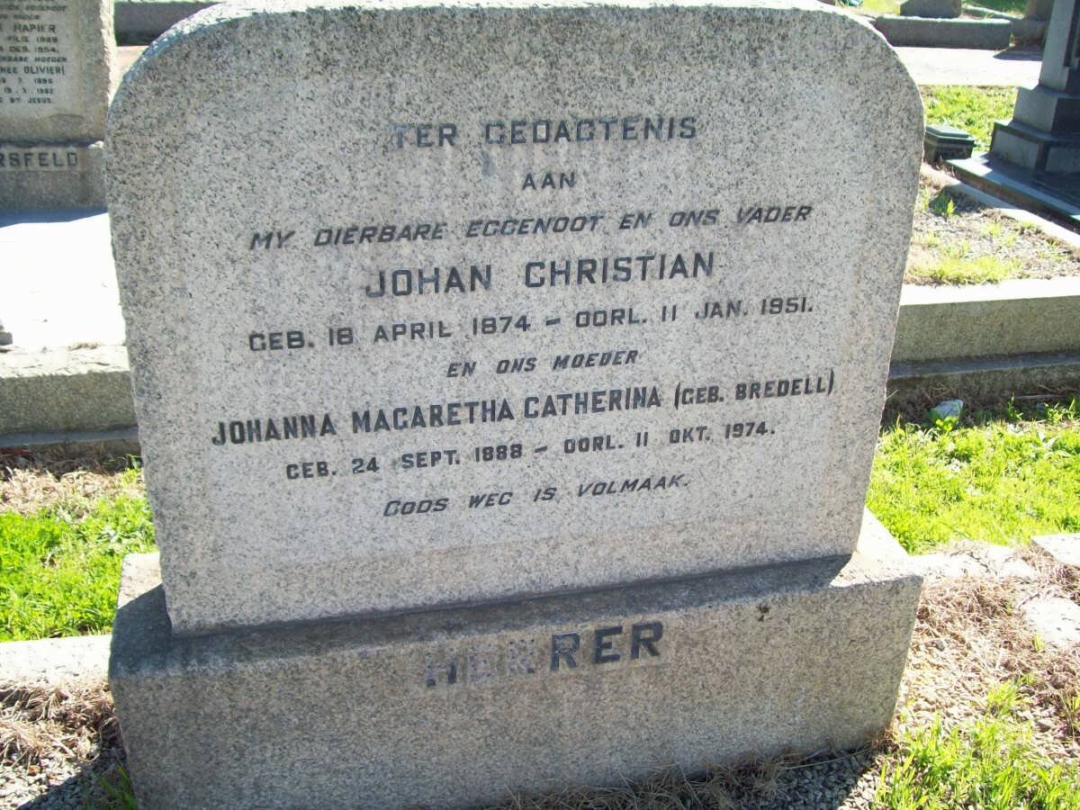 HERRER Johan Christian 1874-1951 &amp; Johanna Magaretha Catherina BREDELL 1888-1974