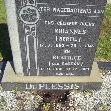 PLESSIS Johannes, du 1893-1945 &amp; Beatrice BASSON 1888-1968