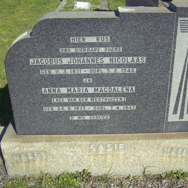 SADIE Jacobus Johannes Nicolaas 1871-1946 &amp; Anna Maria Magdalena VAN DER WESTHUIZEN 1873-1947