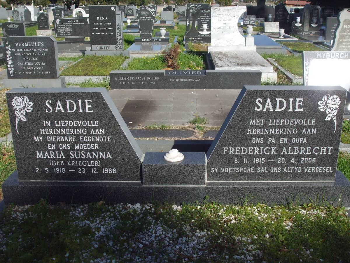 SADIE Frederick Albrecht 1915-2006 &amp; Maria Susanna KRIEGLER 1918-1988