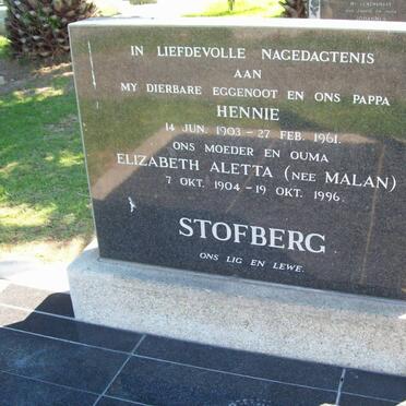 STOFBERG Hennie 1903-1961 &amp; Elizabeth Aletta MALAN 1904-1996