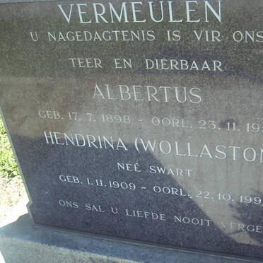 VERMEULEN Albertus 1898-1957 &amp; Hendrina WOLLASTON nee SWART  1909-1993