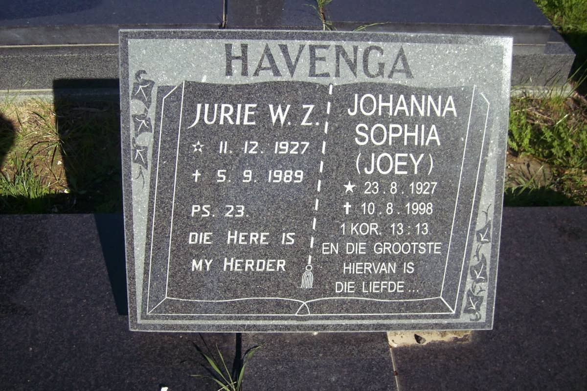 HAVENGA Jurie W.Z. 1927-1989 &amp; Johanna Sophia 1927-1998