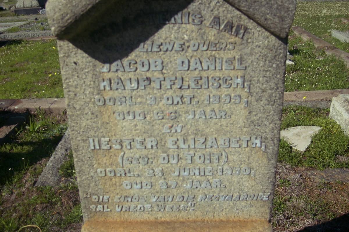 HAUPTFLEISCH Jacob Daniel -1899 &amp; Hester Elizabeth DU TOIT -1930