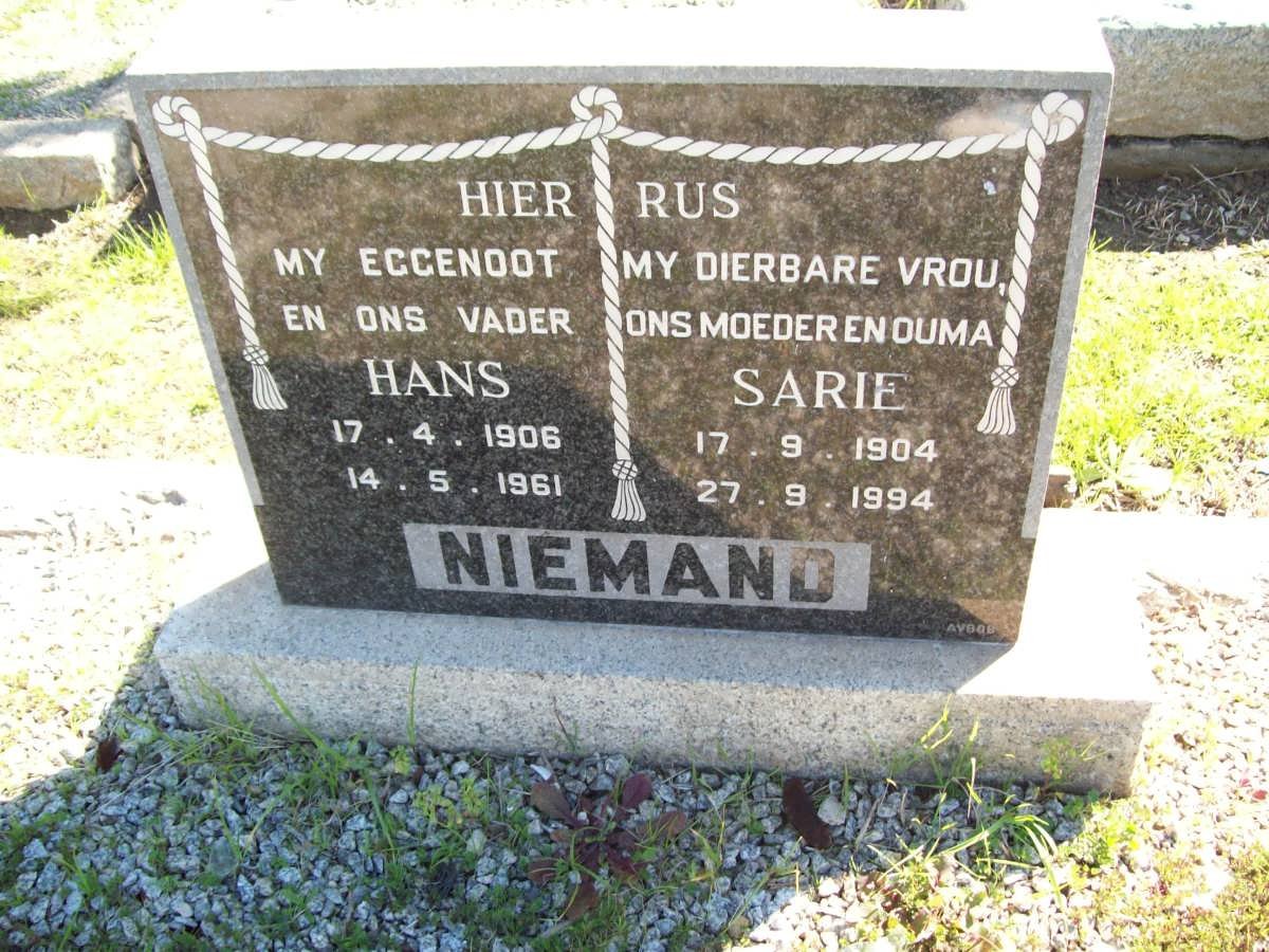 NIEMAND Hans 1906-1961 &amp; Sarie 1904-1994