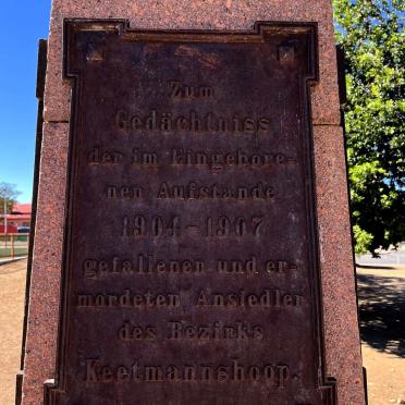 6. Memorial Plaque. In memory of those who died and the murdered settlers during the native uprising 1904-1907 of the district Keetmanshoop