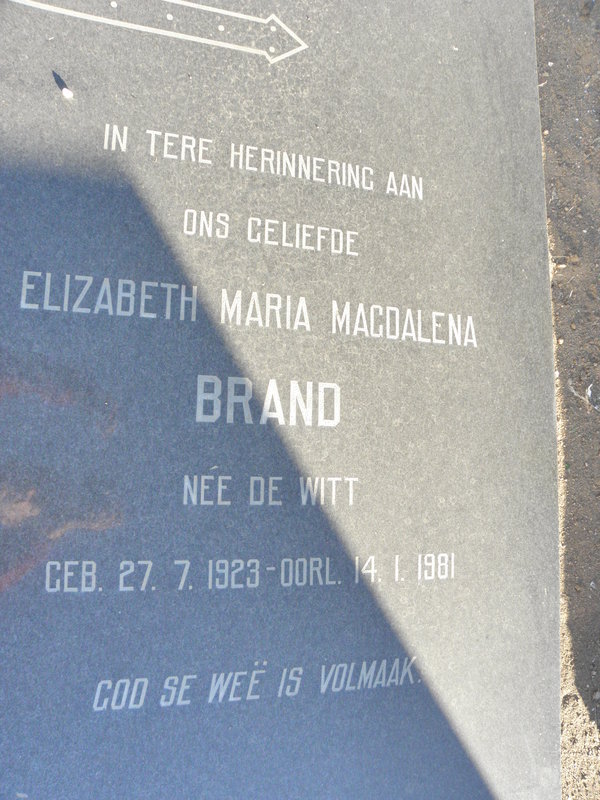 BRAND Elizabeth Maria Magdalena nee DE WITT 1923-1981