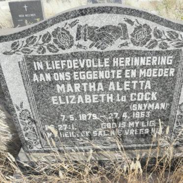 COCK Martha Aletta, La nee SNYMAN 1879-1963