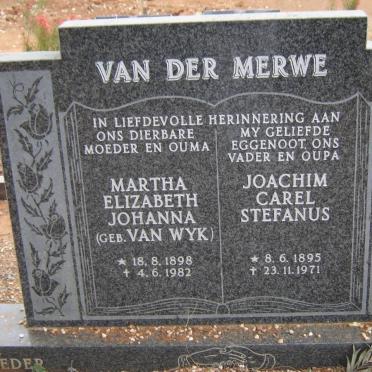 MERWE Joachim Carel Stefanus, van der 1895-1971 &amp; Martha Elizabeth Johanna VAN WYK 1898-1982