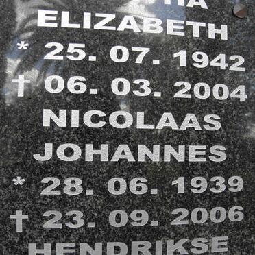 HENDRIKSE Nicholaas Johannes 1939-2006 &amp; Martha Elizabeth 1939-2006