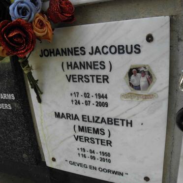 VERSTER Johannes Jacobus 1944-2009 &amp; Maria Elizabeth 1950-2010