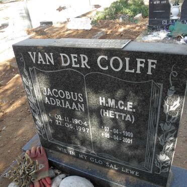 COLFF Jacobus Adriaan, van der 1904-1997 &amp; H.M.C.E. 1909-2001
