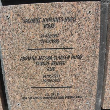 HUGO Jacobus Johannes 1917-1995 &amp; Adriana Jacoba Claasen KRUGER 1923-2012